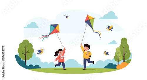 Happy boy and girl run through a green park while flying colorful kites in the sky with small birds and clouds.