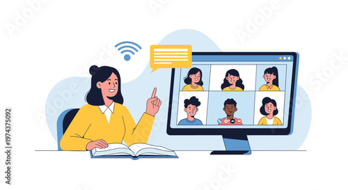 Female teacher conducts an online class with several students appearing in video windows on her computer monitor.