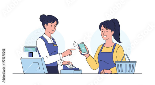 Cashier at a retail store helps a customer make a contactless mobile payment using a smartphone at the register.