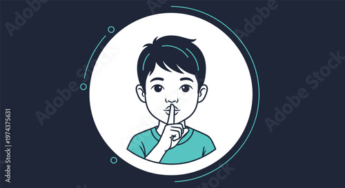 Stylized portrait of a young boy making a quiet sign with his finger over his lips inside a circular frame on a dark background.