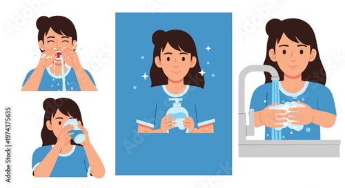 Instructional hygiene illustrations show a girl gargling water, using liquid soap, and washing her hands thoroughly at a sink.
