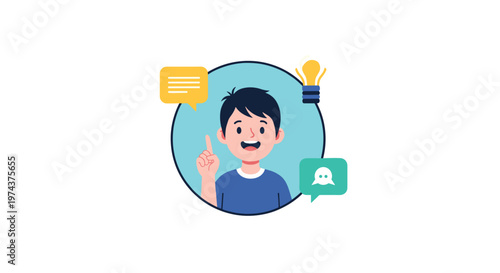 Creative boy points upward next to icons for ideas, messages, and imagination, set within a soft blue circular background.