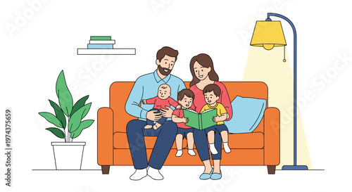 Happy family of five sits comfortably on a bright orange sofa reading a storybook together under a warm floor lamp light.