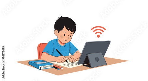 Diligent student sits at a desk taking notes while following an online classroom lesson on a tablet via wireless internet.