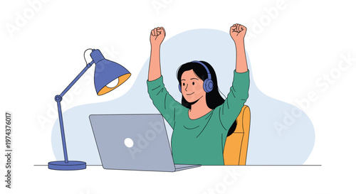 Excited young woman wearing headphones celebrates success at her laptop with raised arms in a bright home office environment.
