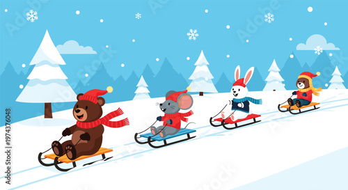 Playful winter scene features a group of cute animals including a bear, rabbit, and mouse sledding down a snowy mountain slope.