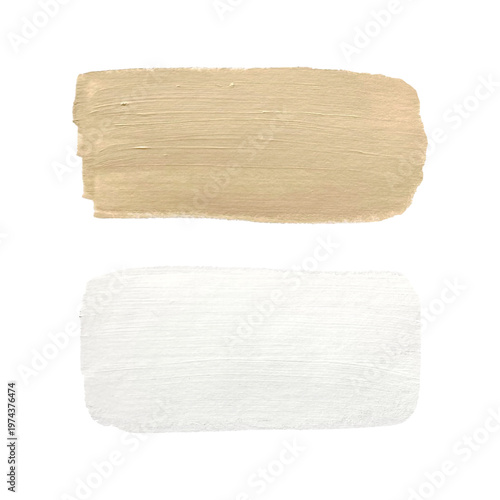 Two abstract acrylic paint swatches in sandy beige and white isolated on white background. Minimalist artistic brushstrokes for branding, cosmetic packaging, and interior design moodboards. Vector