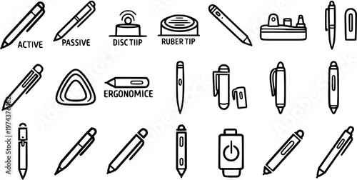 Black and White Line Art Icons of Stylus Pens and Accessories for Digital Drawing and Note-Taking