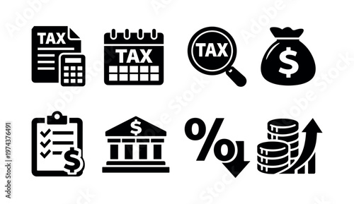 Tax and finance icons set, black and white, silhouette style, money and budget elements