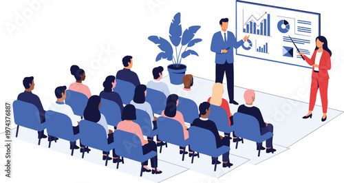 Business presentation seminar with audience, corporate training meeting and data analysis concept with speaker explaining charts in flat vector illustration