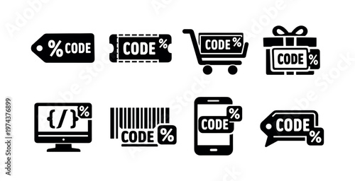 Vector silhouette icons of discount codes tags and shopping symbols in black and white