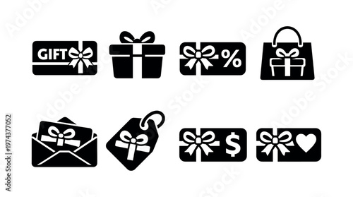 Black and white gift icon set including present box tag and shopping bag silhouettes