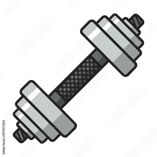 Flat vector illustration of a heavy grey metal dumbbell, strength training, muscle building, and gym fitness equipment icon, isolated on white background