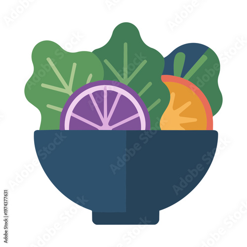 Minimalist flat vector icon of a healthy fruit and vegetable bowl, organic nutrition, vegan diet, and clean eating concept, isolated on white background