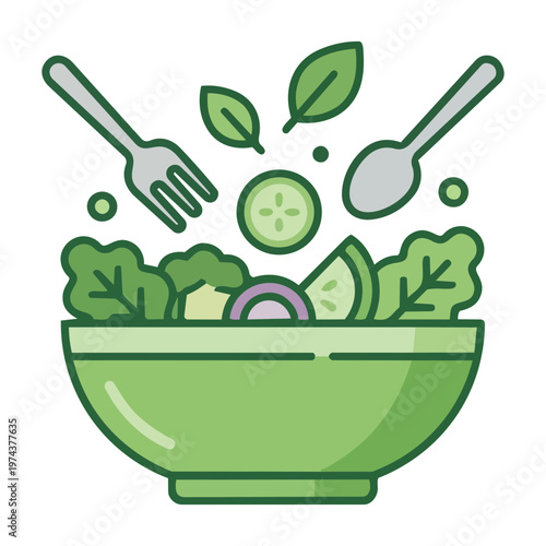 Flat vector icon of a fresh green salad bowl with fork and spoon, healthy diet, organic nutrition, and clean eating lifestyle concept, isolated on white background