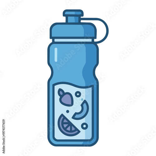 Flat vector illustration of a blue sports water bottle with infused fruit detox water, healthy hydration and wellness lifestyle concept, isolated