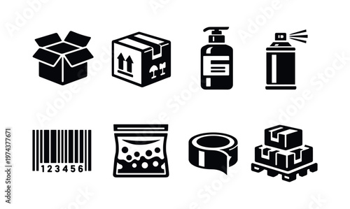 Black and white vector icons of shipping and packaging items including boxes and containers