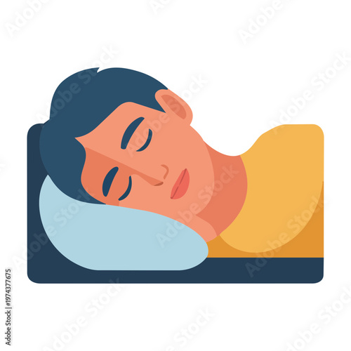 Flat vector illustration of a young man sleeping peacefully on a pillow, healthy sleep routine, deep rest, and physical recovery concept, isolated
