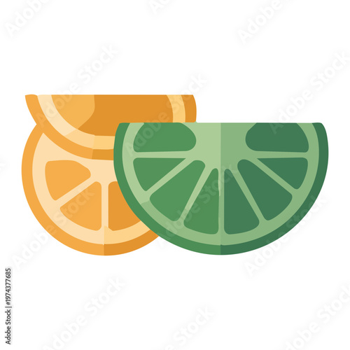 Minimalist flat vector graphic of fresh orange and lime citrus slices, vitamin C, immunity boost, and healthy nutrition concept, isolated on white background