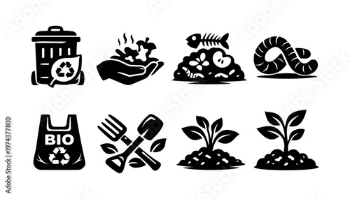 Eco-friendly composting icons set featuring recycling waste bin and botanical elements in black and white vector style