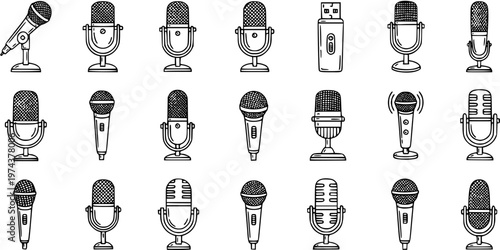 Hand-drawn Black  White Line Art Microphones Icon Set for Audio Recording, Broadcasting, Podcasting, and Communication Technology