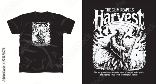 Dark grim reaper harvest illustration with scythe and wheat field design.