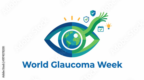 World Glaucoma Week illustration. Anatomical eye concept with green awareness ribbon. Ophthalmology medical background for vision health, blindness prevention, and ocular pressure awareness.