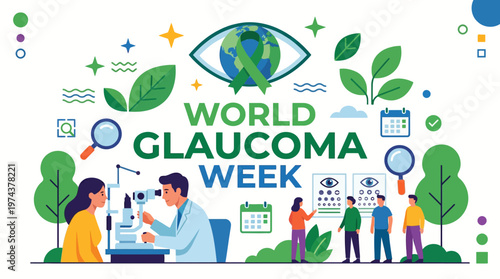World Glaucoma Week awareness illustration. Detailed eye anatomy graphic with green symbolic accents. Healthcare concept for vision loss prevention, ophthalmology screening, and ocular health care.
