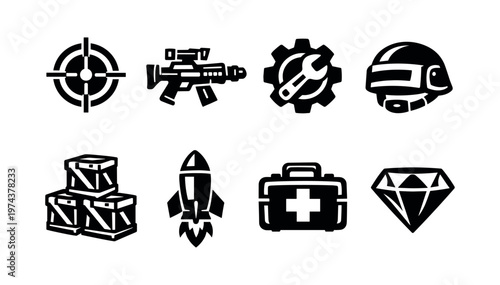 Black and white video game icon set featuring weapons tools and gear in vector style
