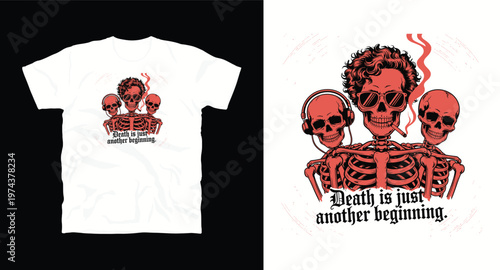 Skeletal character with curly hair wearing sunglasses on white t-shirt design for urban fashion apparel.