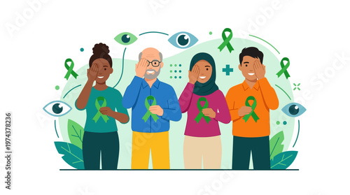 World Glaucoma Week awareness banner. Abstract green eye illustration symbolizing ophthalmology, vision protection, and medical screening. Health care concept for preventing blindness and disease.