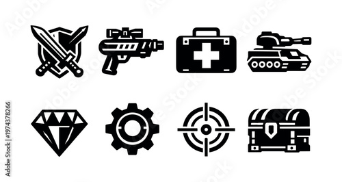 Vector silhouette icons of video game elements including weapons tanks medical kit