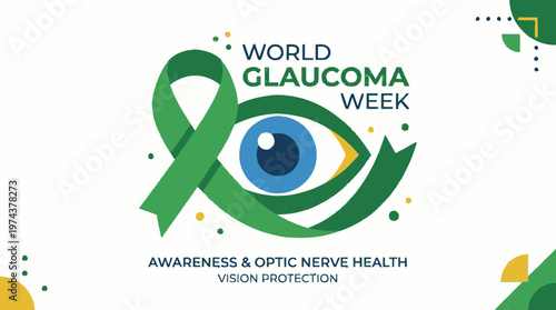 World Glaucoma Week concept. Green ribbon awareness symbol with stylized eye illustration. Ophthalmology medical health care background. Vision loss prevention, eye checkup, and global healthcare.