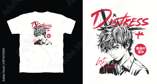 Anime boy with red text design, lost souls, youth culture, manga style illustration.
