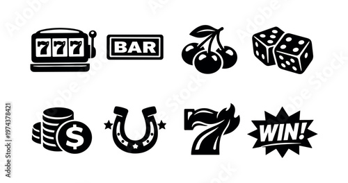 Casino themed vector icons including slot machine dice and more in black and white