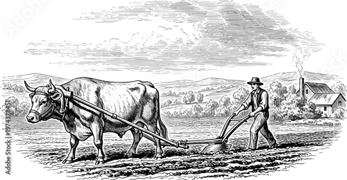 Foto Vintage Farmer Plowing Rural Field with Ox Vector Illustration