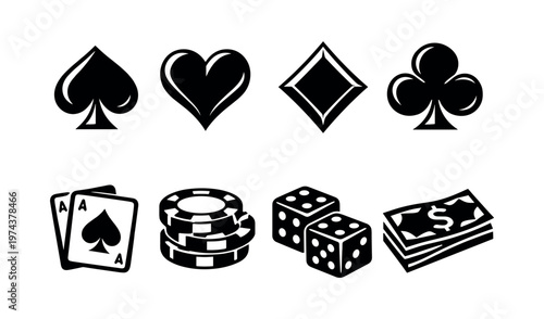 Set of black and white gambling icons including poker chips dice cards money and suit symbols