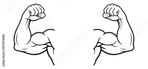 Bicep flex sign. Bodybuilder muscle arm and cartoon emoji. Bodybuilding hand gesture, emoticon bicep. Gym and health icon, Healthy muscular human, outline bicep, power vector isolated symbol.