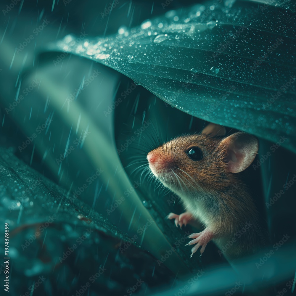 Obraz premium Mouse Hiding Under Leaves in Rain