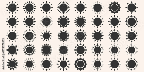 set of yellow sun icons, sunshine, solar, warm