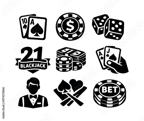 Casino game elements in black and white silhouette vector including cards chips and dice