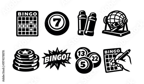 Bingo game icons set featuring board cards numbers and ball machine in black and white vector illustration