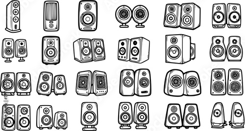 Black and White Line Art of Various Speaker Types for Audio Technology