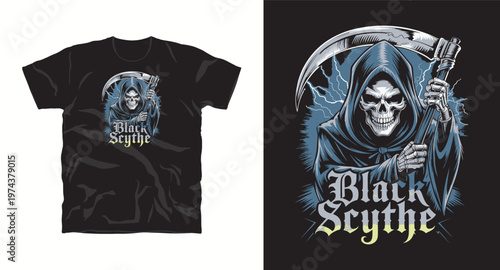 Grim reaper with black scythe and lightning background vintage vector illustration for apparel.