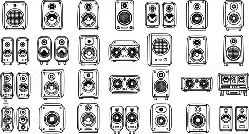 Set of Hand-Drawn Audio Speakers Line Art Icons for Music and Technology - Sound Equipment Doodle Collection