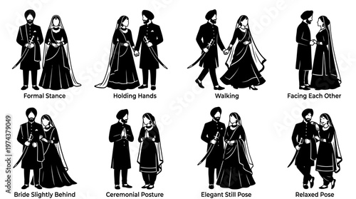 Traditional Indian wedding couple silhouettes in ceremonial attire with affectionate poses.