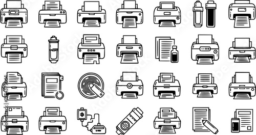Black and White Line Art Icons of Printers and Ink Cartridges for Technology Industry