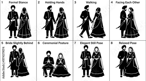 Traditional Indian wedding couple silhouettes in ceremonial attire with affectionate poses.