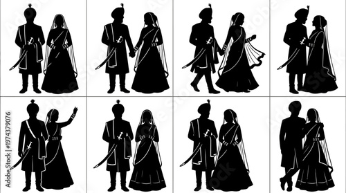 Traditional Indian wedding couple silhouettes in ceremonial attire with affectionate poses.