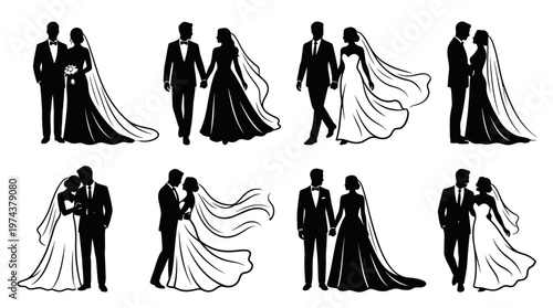Stylized wedding couple silhouettes in romantic poses of love, dance, and celebration.
